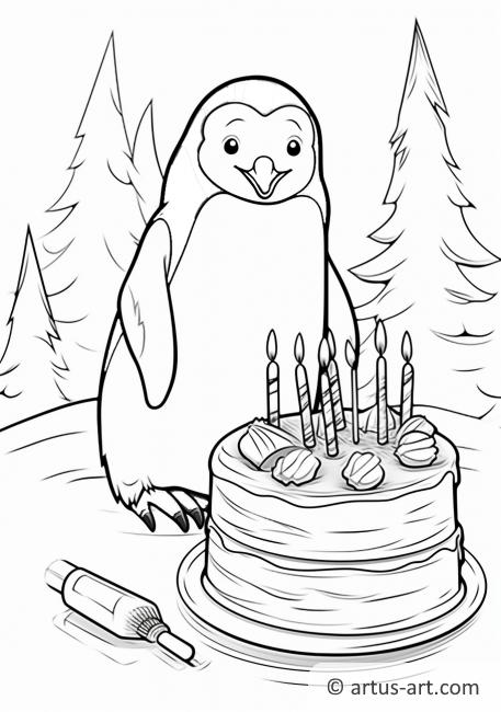 Penguin with Birthday Cake Coloring Page
